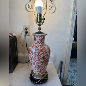 Coral Red orange Floral Jar Porcelain Lamp chinoiserie ginger lamp vtg 1960-70